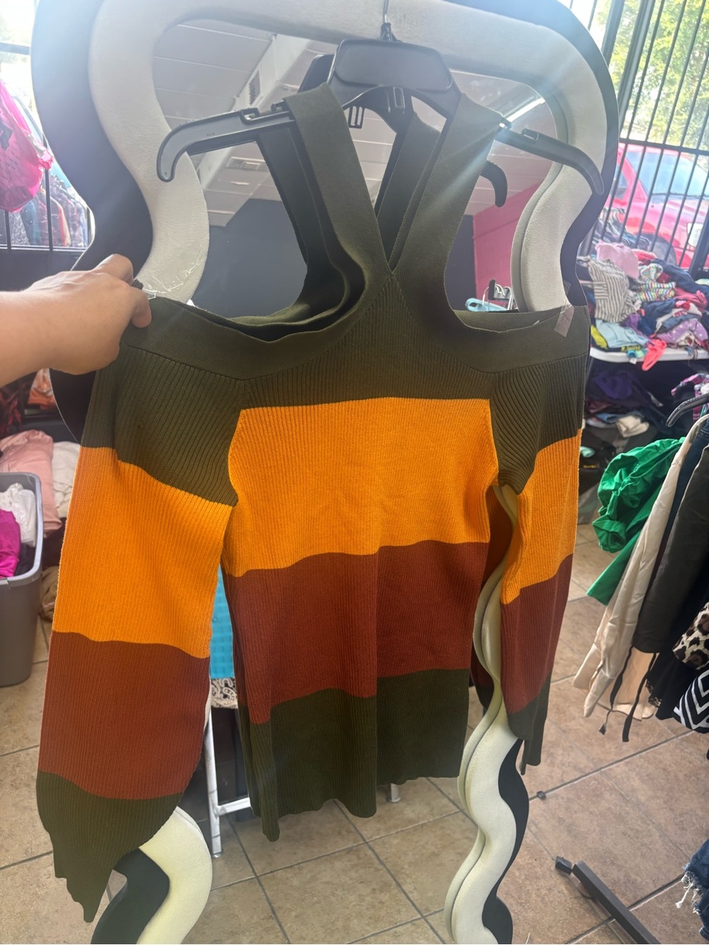 Almost Famous Striped Cold-Shoulder Sweater in Olive, Mustard & Brown